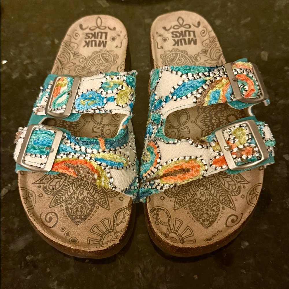 MUK LUKS Size 7 Turquoise Silver Juliette Slide Sandals Adjustable Buckle Berks